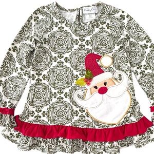 Emily Rose Size 6 Olive/Red Appliquéd Santa Long Sleeve Ruffle Top